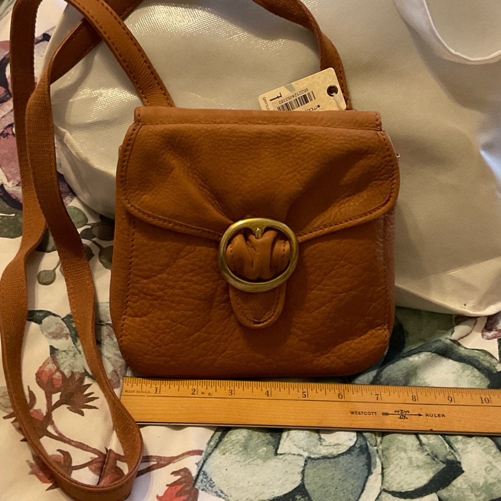 New With Tag, Fossil Tan Leather Crossbody Bag with Gold Buckle